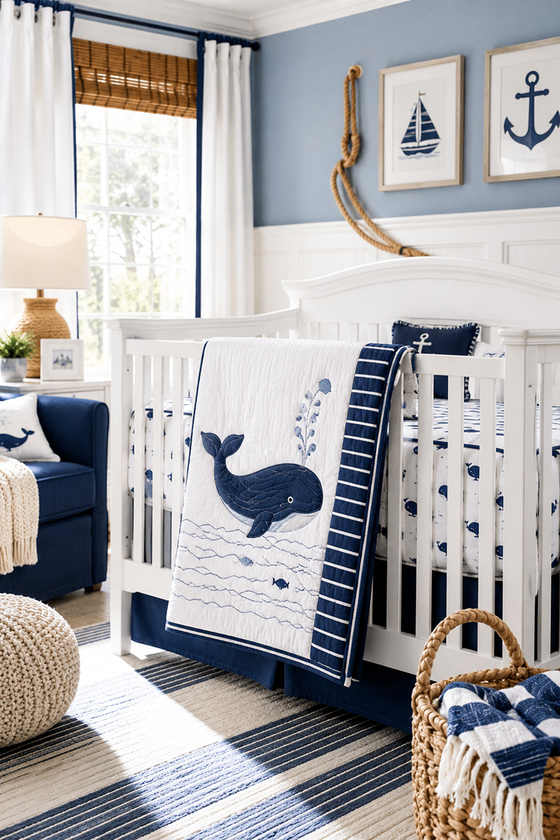 Nautical crib bedding with white crib and coastal blue nursery colors