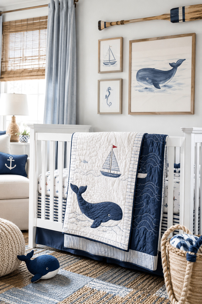Nautical crib bedding with coastal blue nursery decor and sailboat accents