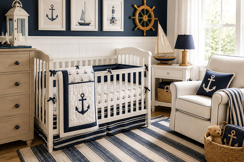Nautical crib bedding with striped textiles, coastal rug, and white nursery furniture
