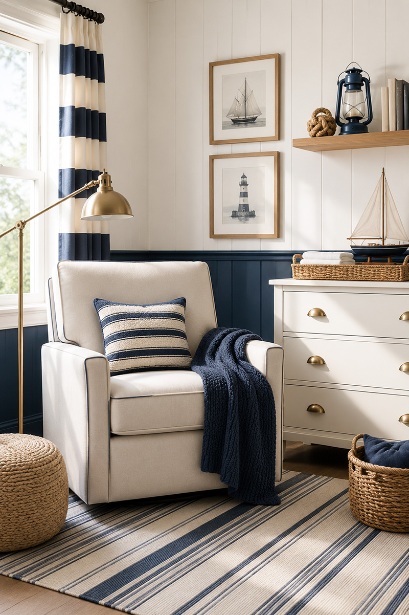 Nautical nursery reading corner with striped chair, brass lamp, coastal wall art, and woven storage baskets