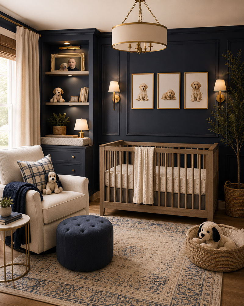 Navy animal nursery with framed animal wall art and light crib