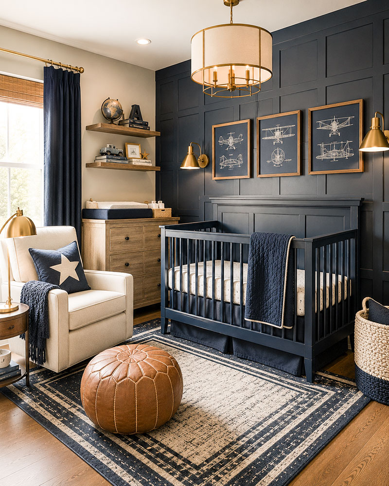 Classic navy blue nursery for a baby boy with warm wood tones