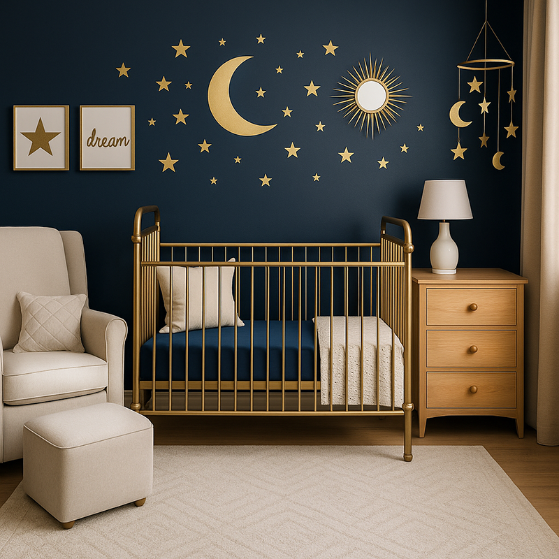 Modern navy blue nursery with gold crib and celestial wall decor