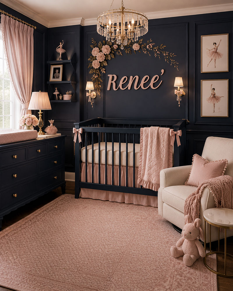 Navy and blush baby girl nursery with gold accents