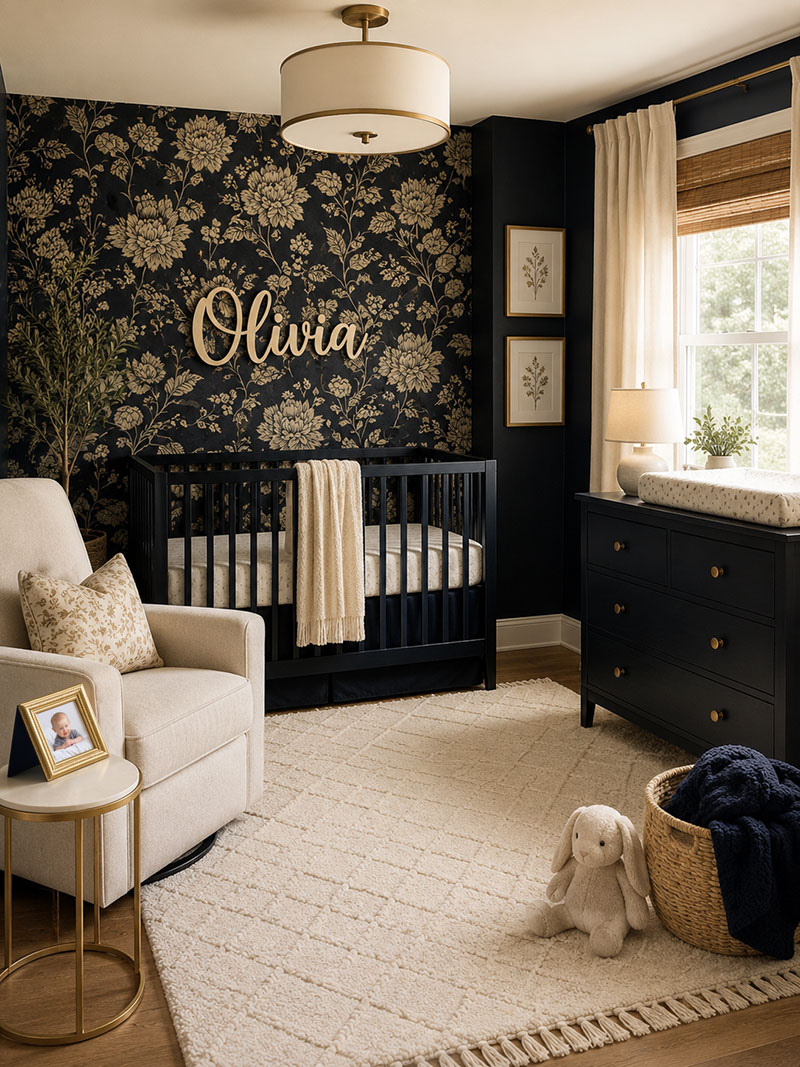 Navy and cream nursery with light crib and warm neutral rug