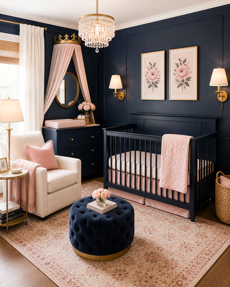 Elegant navy blue nursery for girls with blush pink and gold accents
