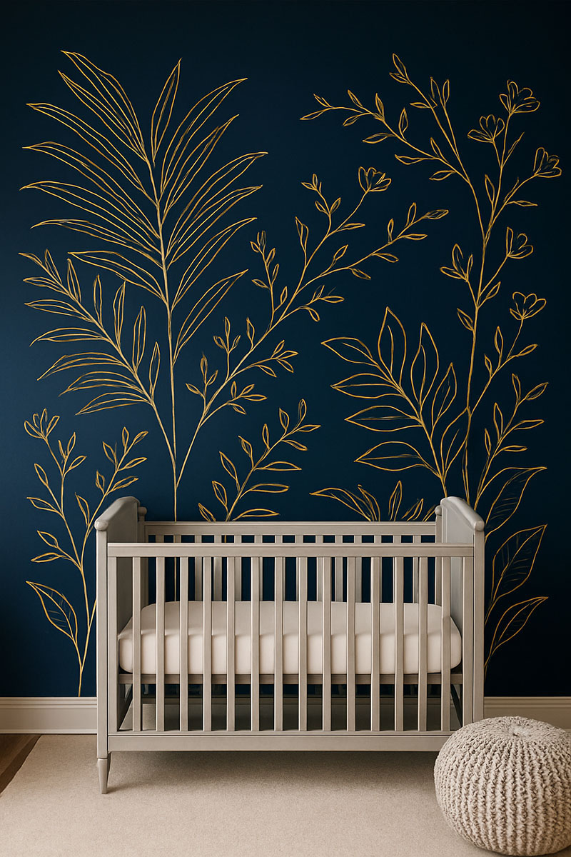 Navy blue nursery accent wall with gold wall art and warm modern decor