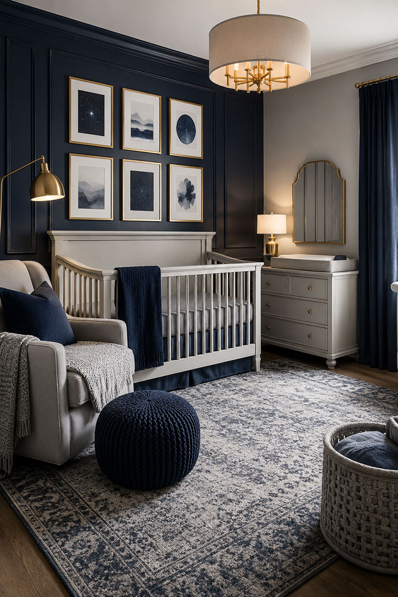 Modern navy and gray nursery with layered neutral textures