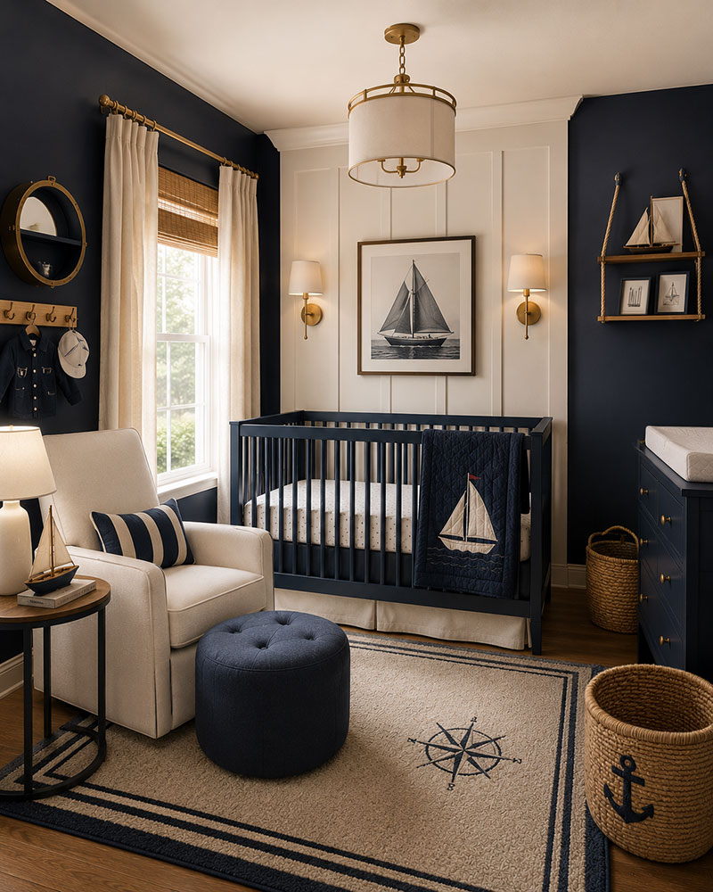 Navy nautical nursery with white crib and simple coastal decor