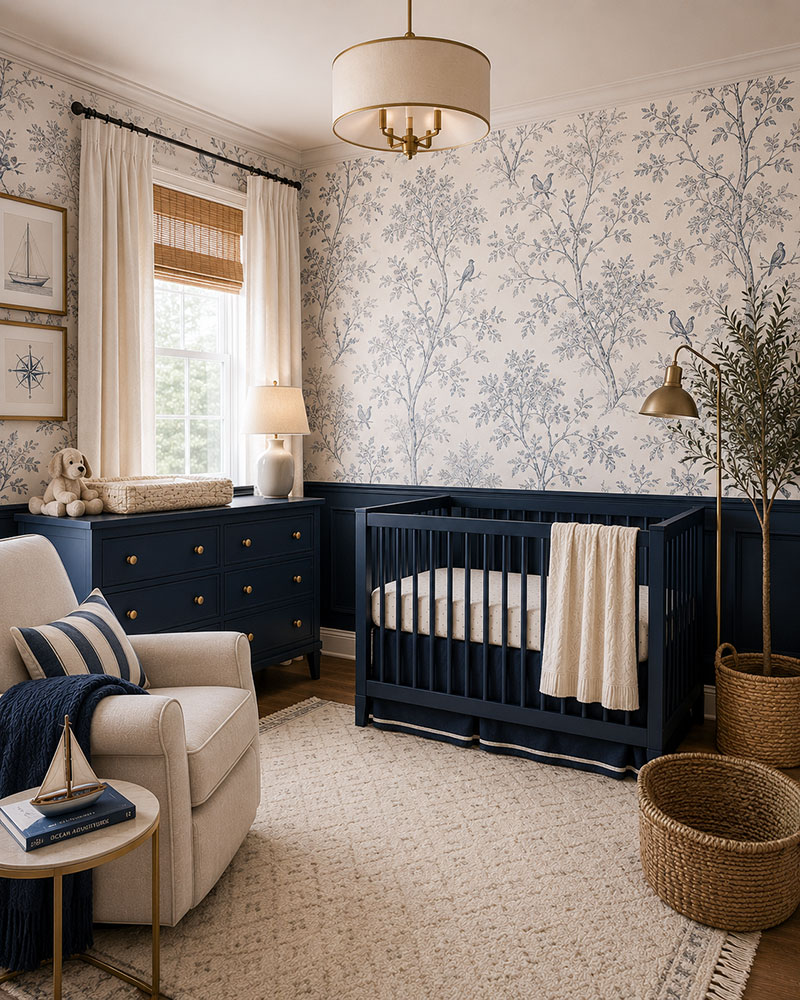 Navy nursery wallpaper accent wall behind a light crib