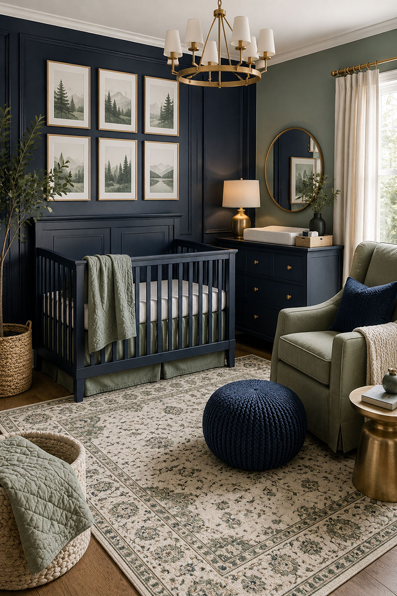 Navy and sage green nursery with natural wood crib and botanical decor