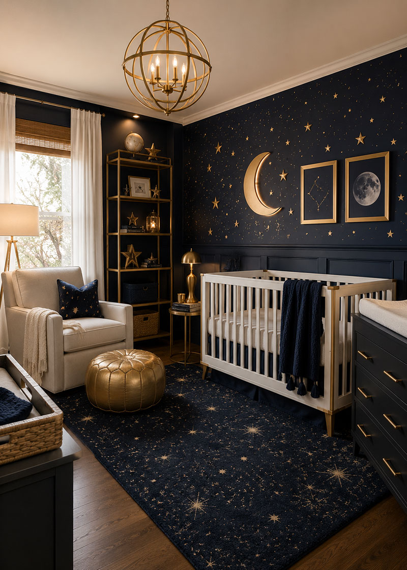Moon and stars navy nursery with celestial wall decor and gold accents