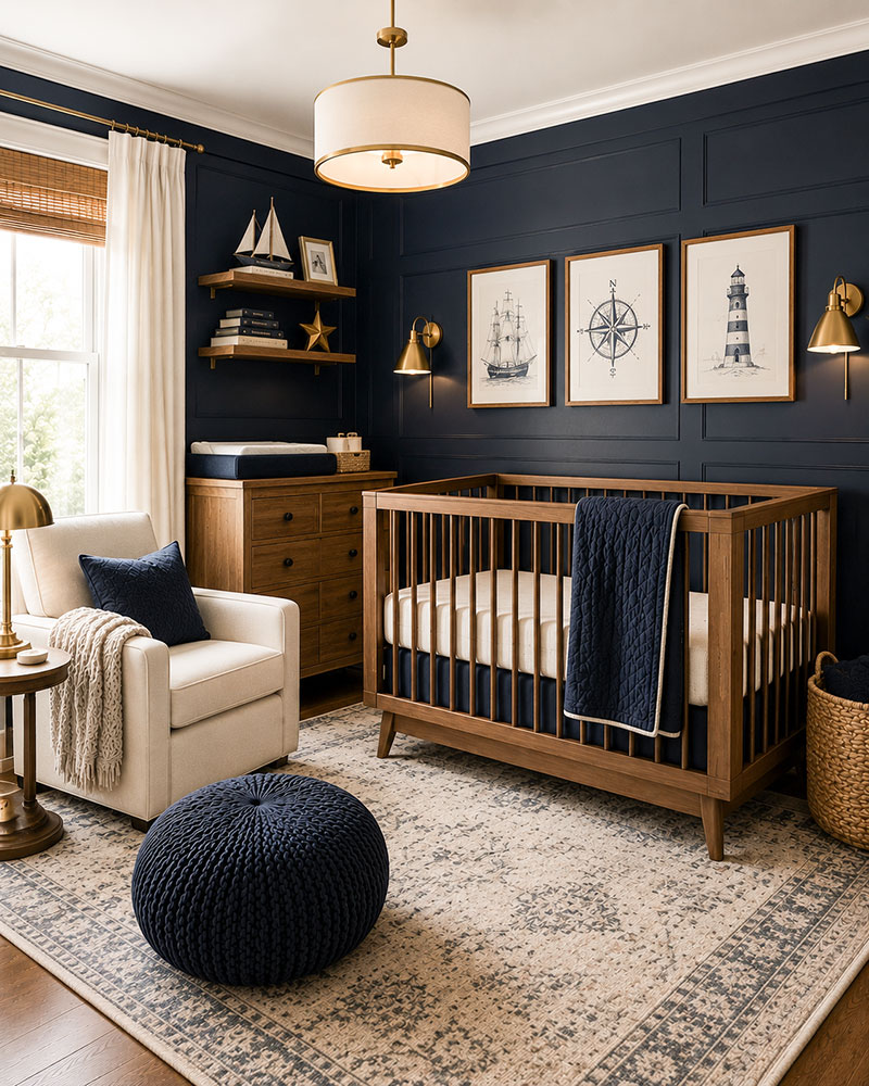 Navy blue nursery with warm wood crib and natural textures