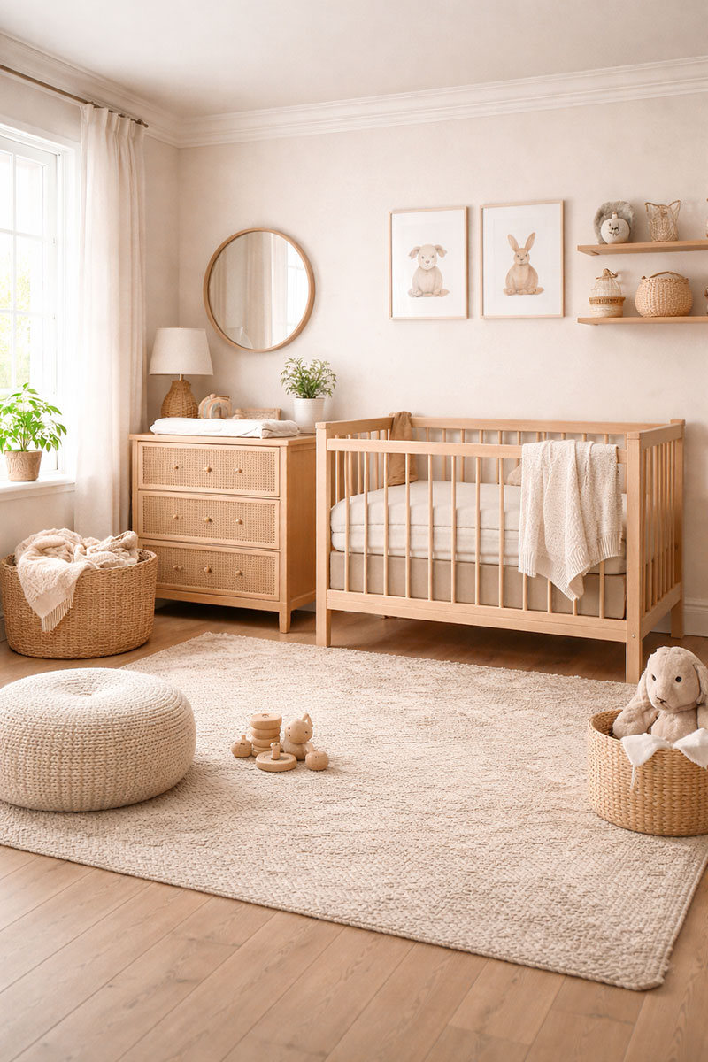 Neutral baby nursery color scheme using warm beige and cream tones with natural wood furniture