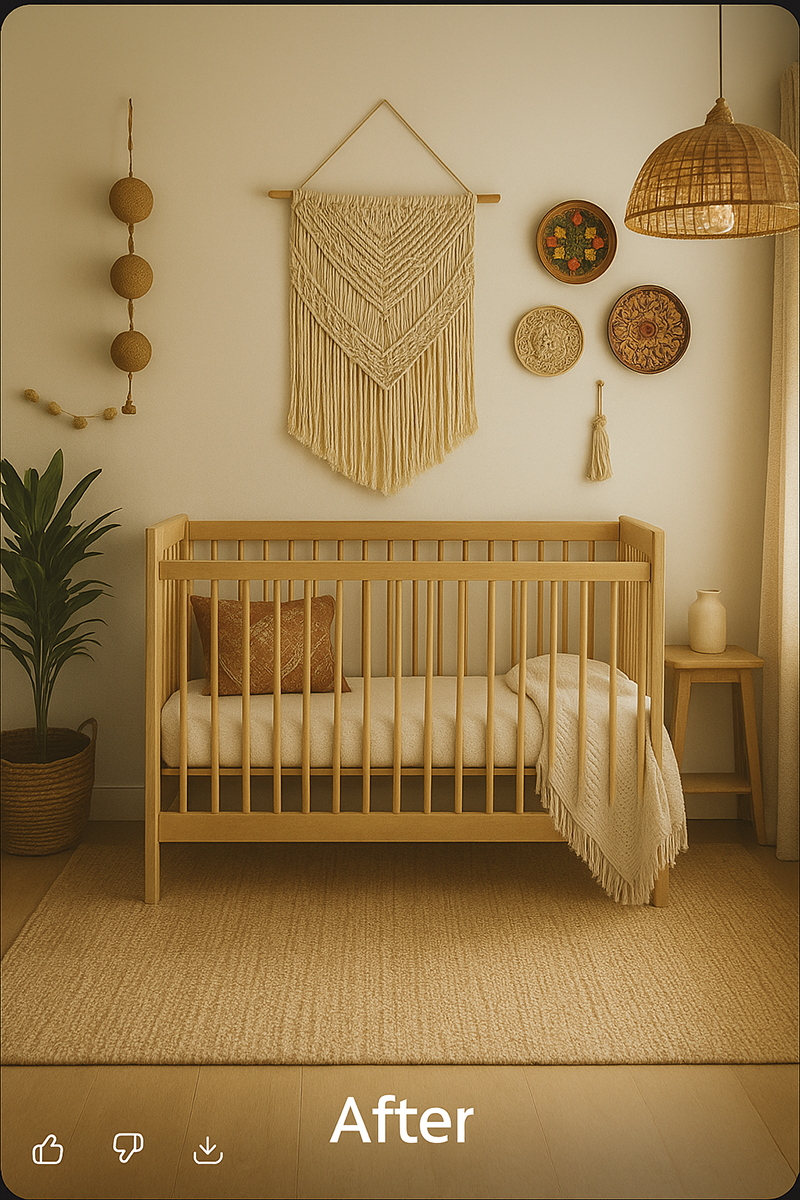 After photo of a neutral boho nursery featuring a rattan crib, natural fiber rug, macrame wall hanging, and carved wood wall accents in warm Mocha Mousse tones