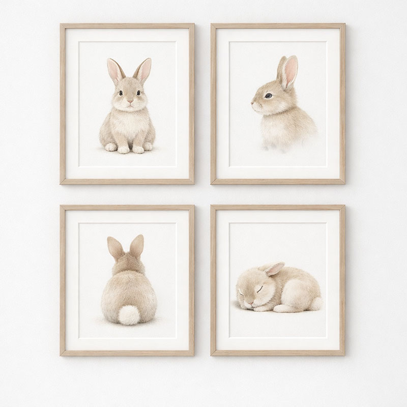 Neutral bunny nursery wall art in soft beige and ivory tones