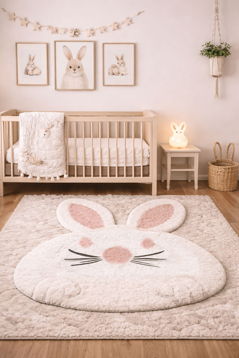 Neutral bunny nursery rug layered with coordinated rabbit décor and white crib