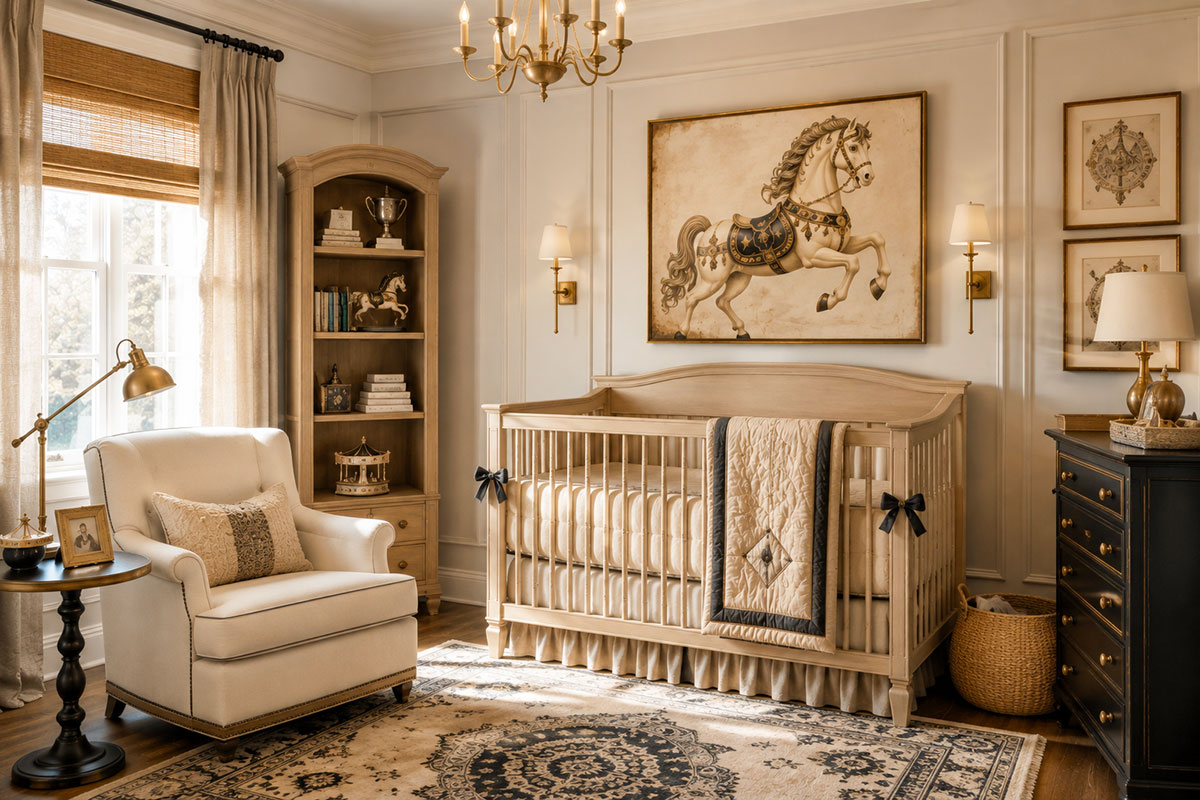 Neutral carousel horse nursery with warm white walls, natural wood crib, black and antique gold horse art and tailored striped details