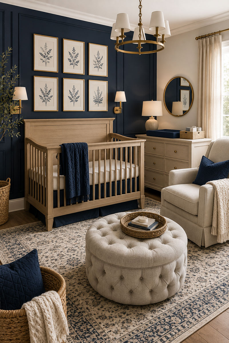 Neutral navy nursery with warm wood furniture and cream textiles