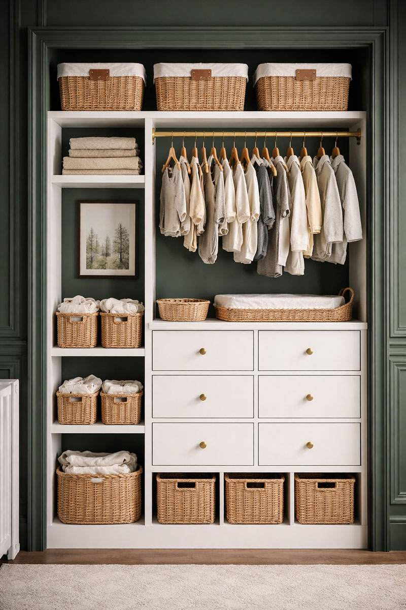 Neutral nursery closet with forest green walls, white built-in shelves, woven baskets, and organized baby clothes