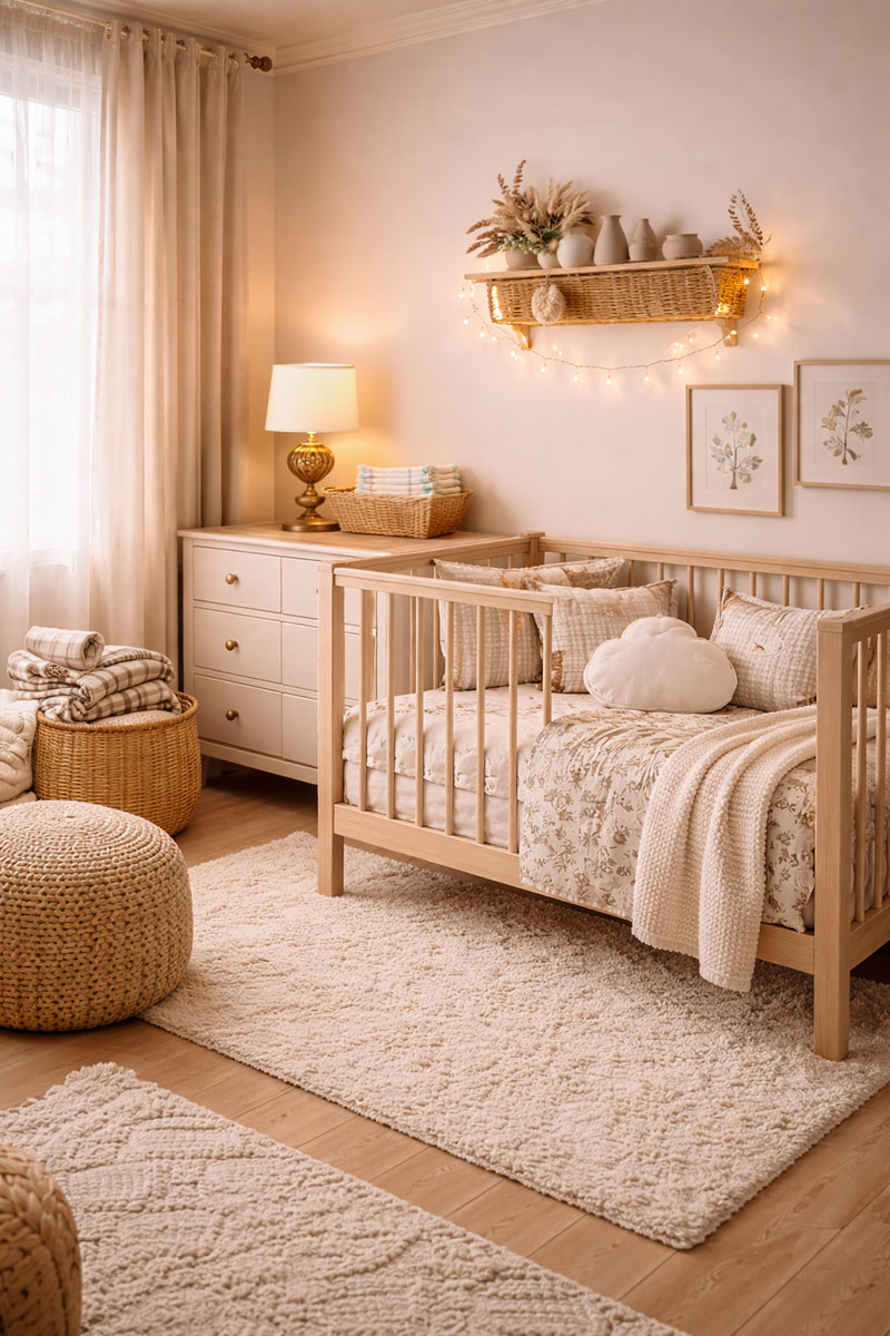 Neutral nursery with PotteryBarnKids and Project Nursery style crib bedding, decor and warm lighting showing a calm layout that works before baby arrives