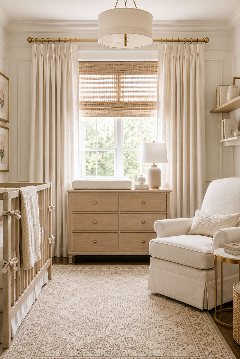 Nursery with versatile curtain design that can transition into a toddler room