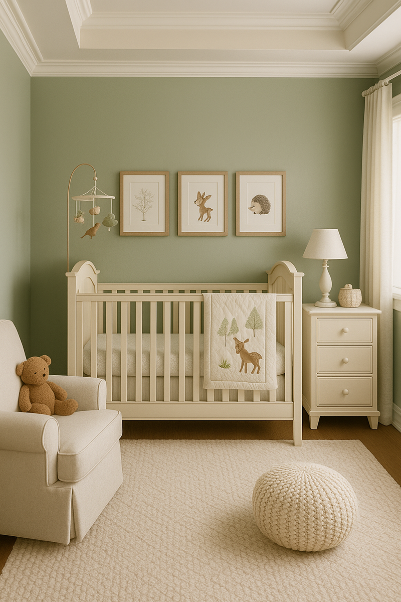 neutral woodland nursery with sage green walls, cream baby furniture, and framed art