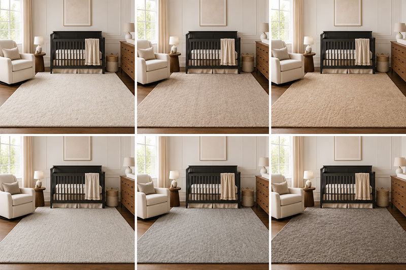 Neutral nursery rug paired with crib and coordinated nursery colors