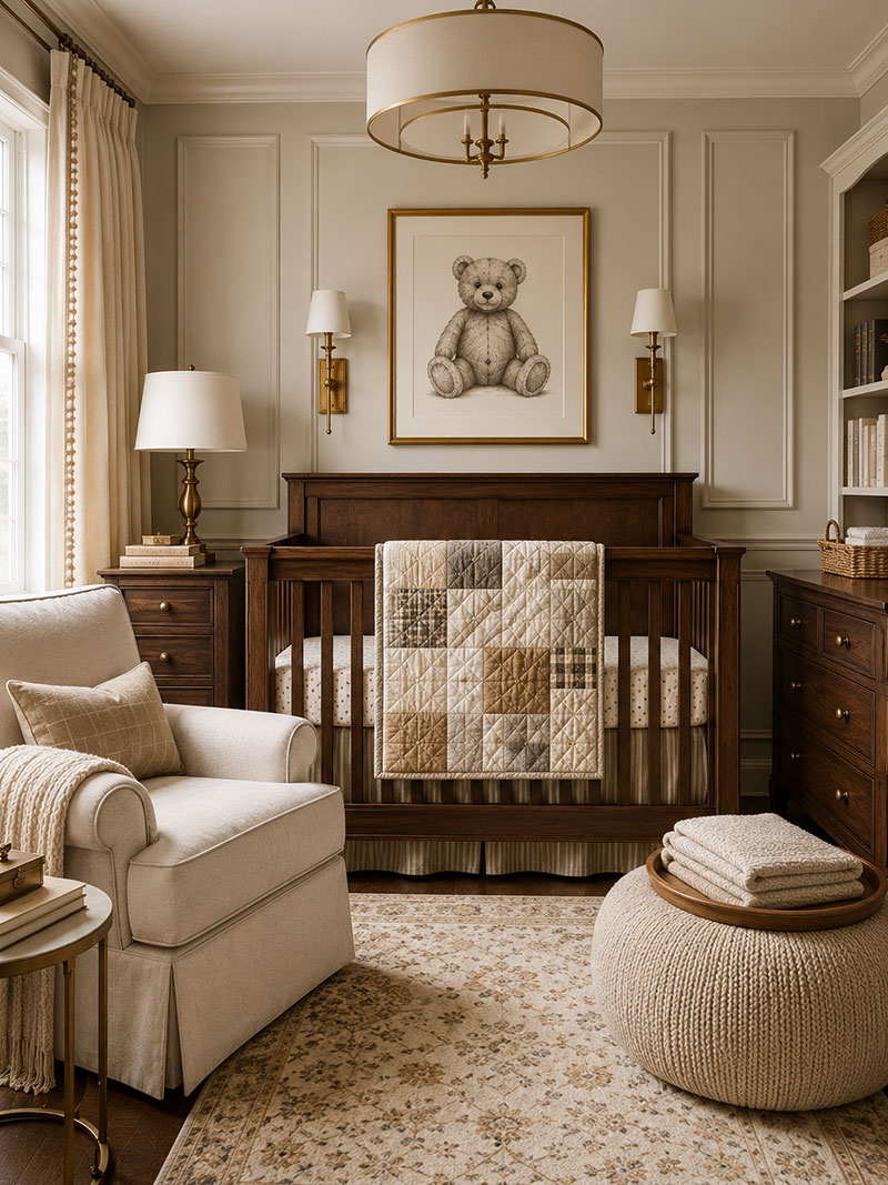 Neutral teddy bear nursery with walnut crib and layered fabric textures