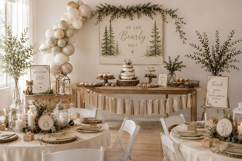 Neutral woodland baby shower theme with layered forest inspired party styling