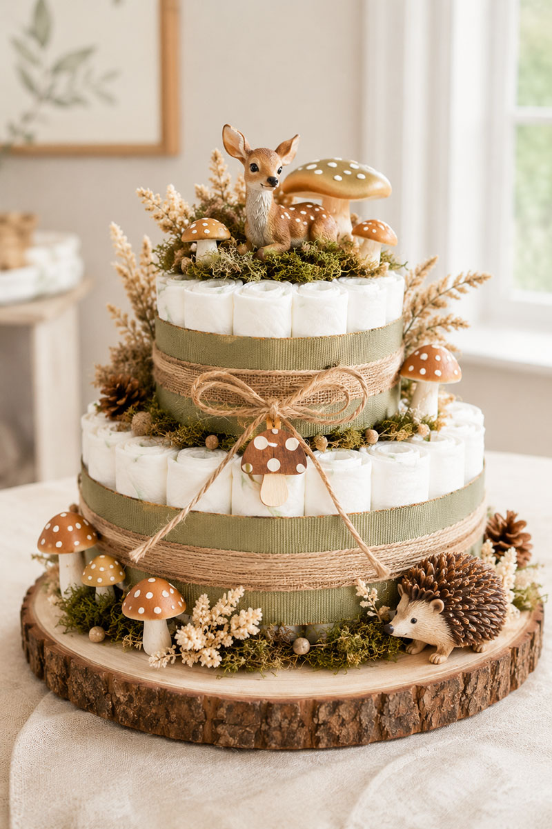Neutral woodland diaper cake centerpiece with realistic forest animals mushrooms and rustic baby shower decor