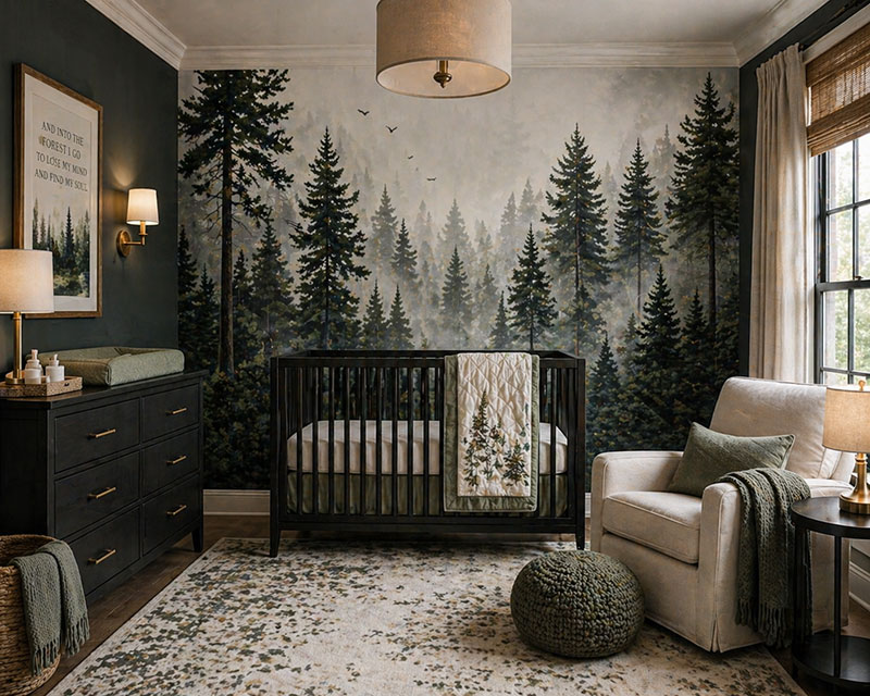 Neutral woodland nursery wallpaper behind a crib with muted forest animal pattern and warm nursery styling