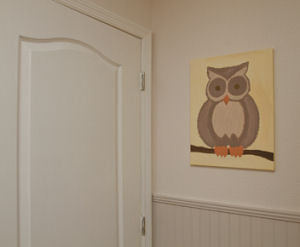 Wise old owl baby nursery wall art painting for a baby girl nursery decorated in neutral colors