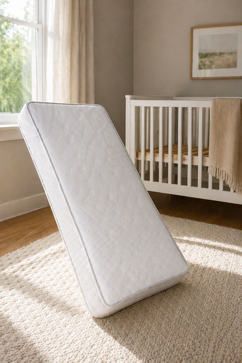 new crib mattress airing out in nursery with airflow