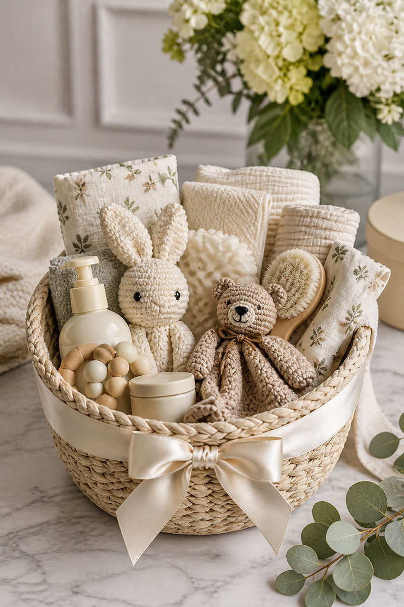 New mom gift basket filled with baby blanket, lovey, and practical newborn essentials