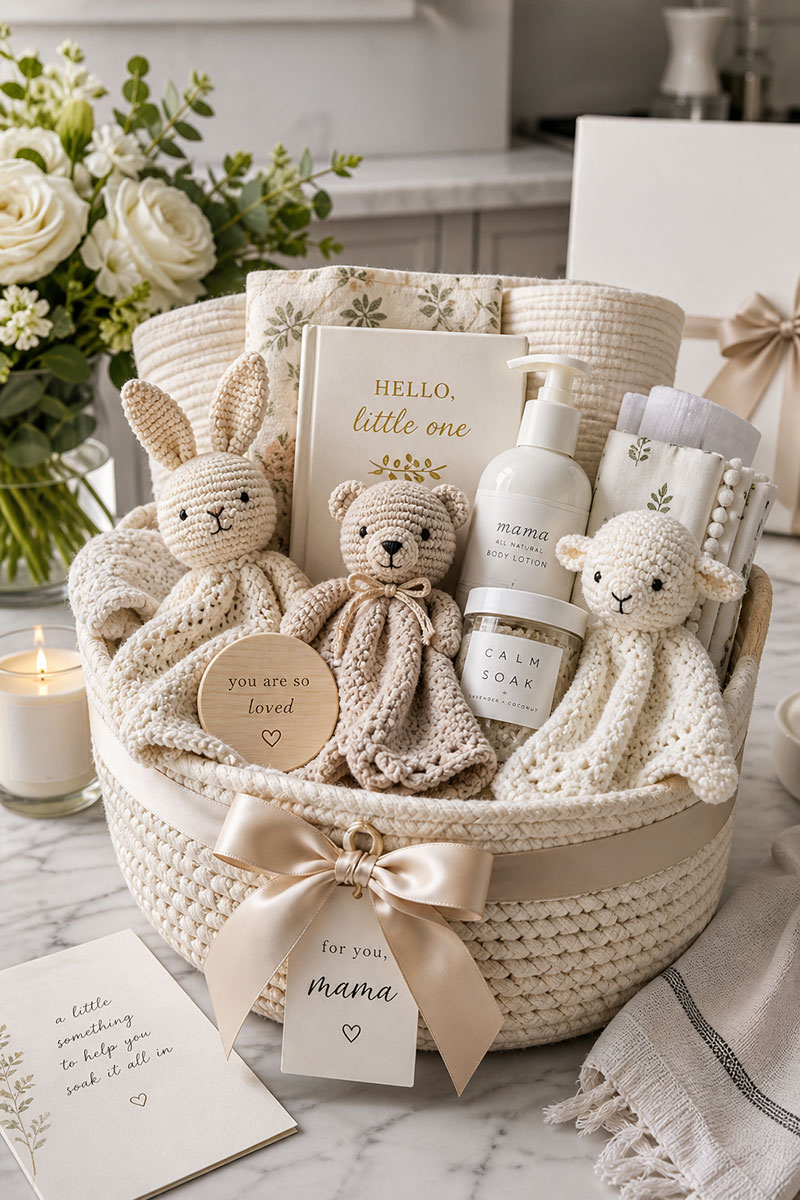 new mom gift basket ideas with postpartum care items like lotion, candle, and soft comfort gifts
