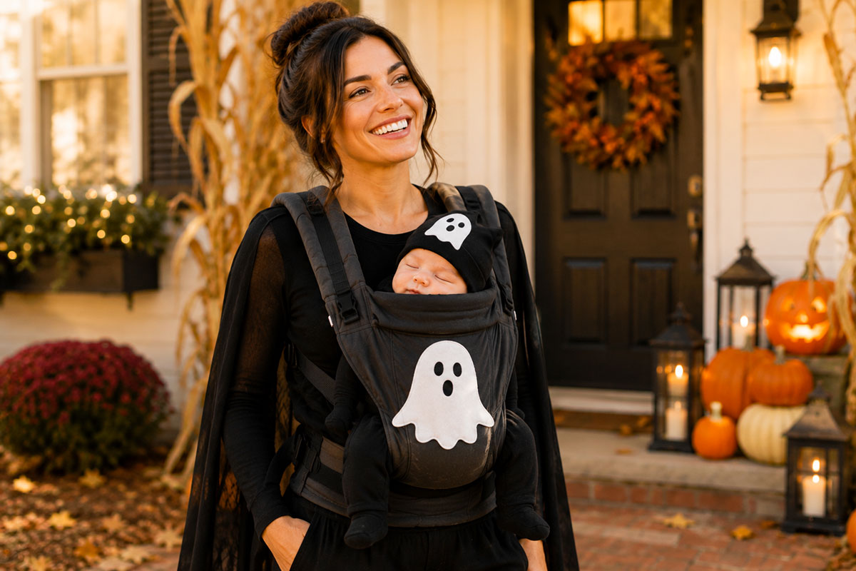 Parent carrying a newborn in a black ghost-themed front baby carrier with the baby's face visible and uncovered