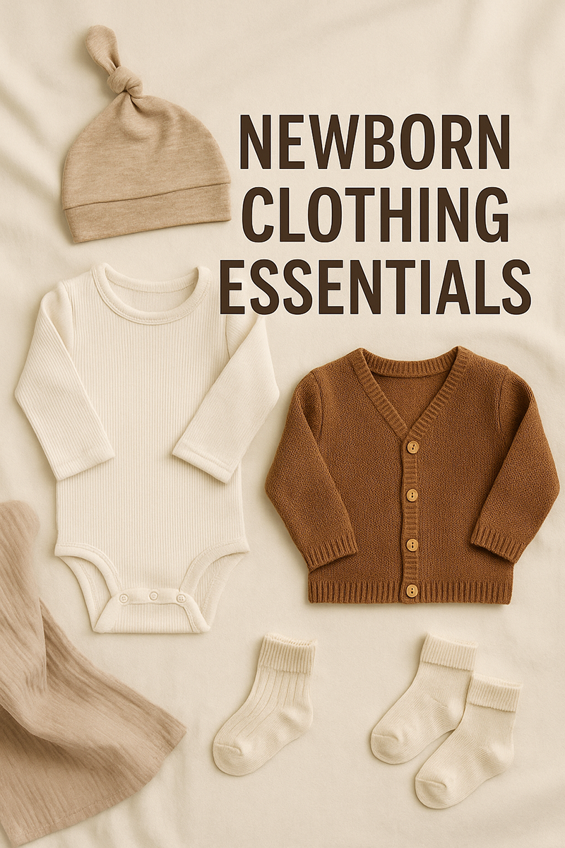 Soft newborn clothing essentials including sleepers, onesies and swaddle blankets