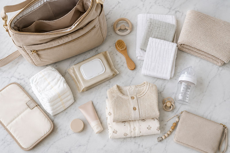 newborn diaper bag checklist items arranged beside a packed diaper bag