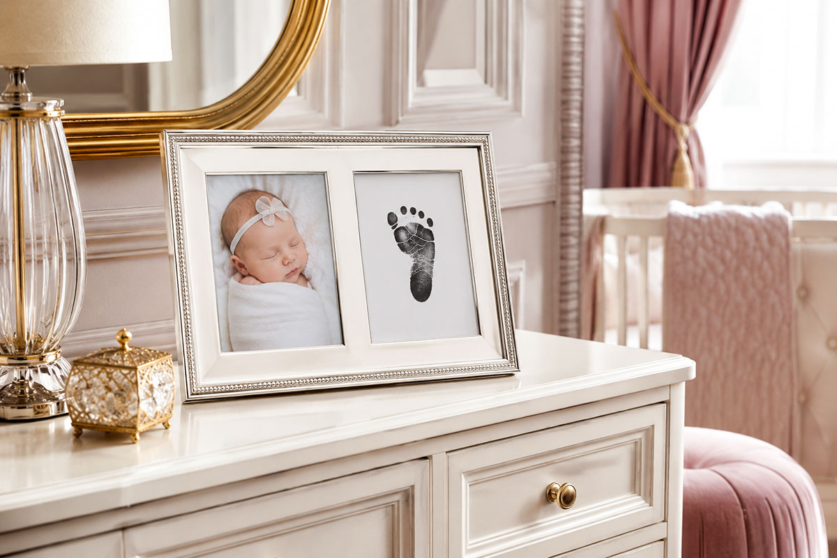 Elegant newborn footprint frame displayed on a dresser with one opening for a small baby photo and one opening for a black footprint print on white paper
