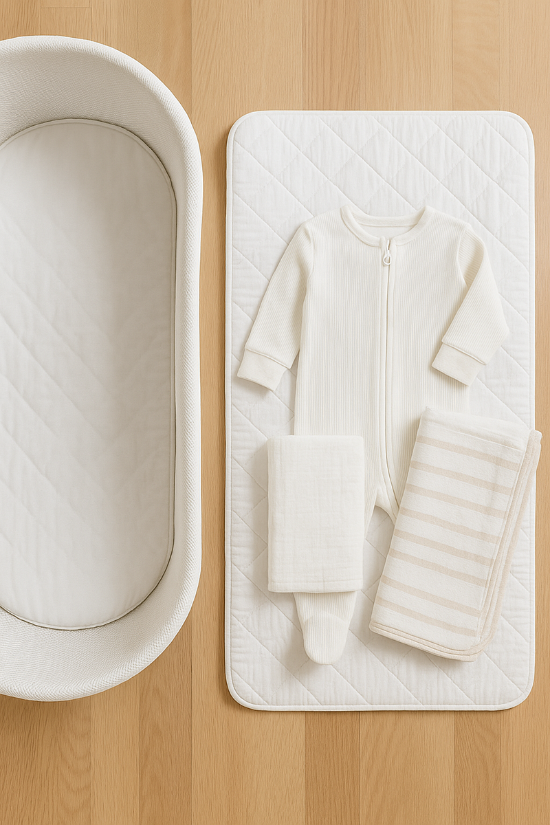 Simple newborn sleep essentials including a bassinet, swaddle, and fitted sheet