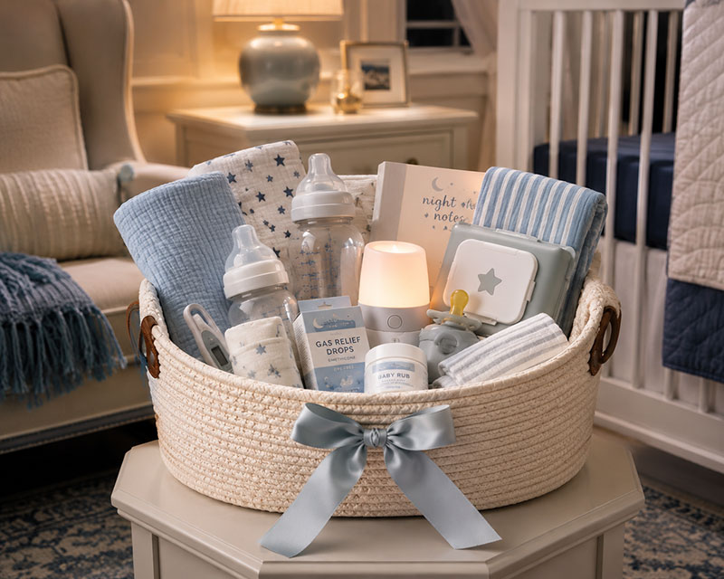 Night feeding baby basket beside nursery chair with bottles burp cloths and night light