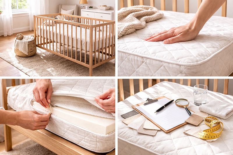 Crib with a firm fitted mattress shown in a bright nursery setting with clean styling