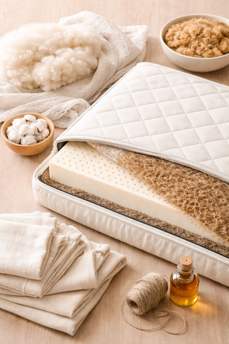 Close view of a crib mattress in a polished nursery setting with a firm fitted surface and tailored bedding