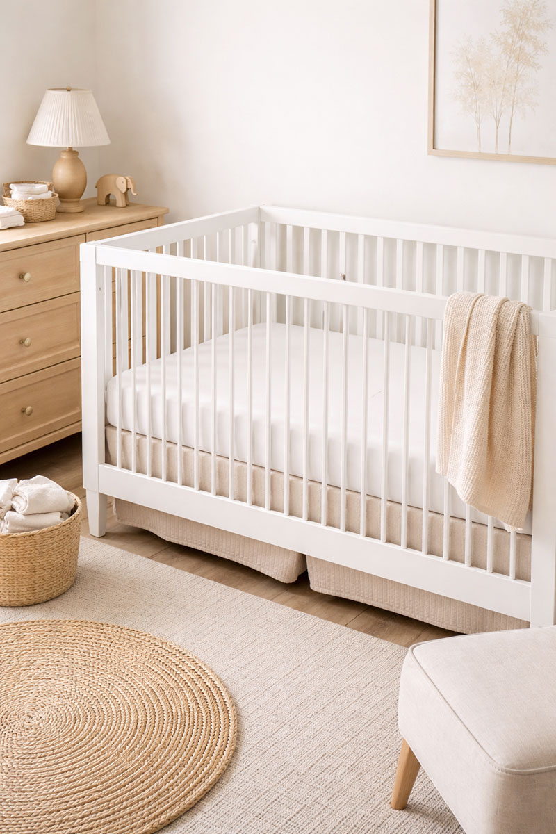 Non toxic crib mattress in a modern neutral nursery with a firm fitted sheet and clean simple styling