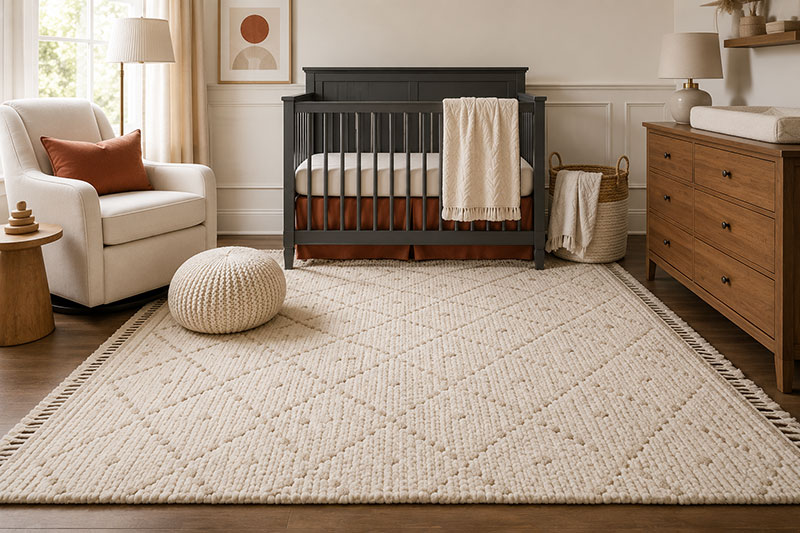 Non toxic nursery rug in a well designed baby room