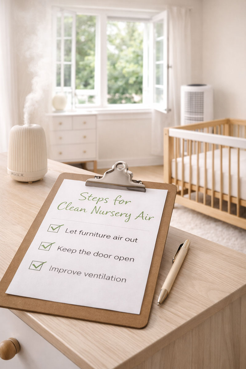 open nursery door and window with soft daylight and a simple crib in the room showing fresh airflow setup