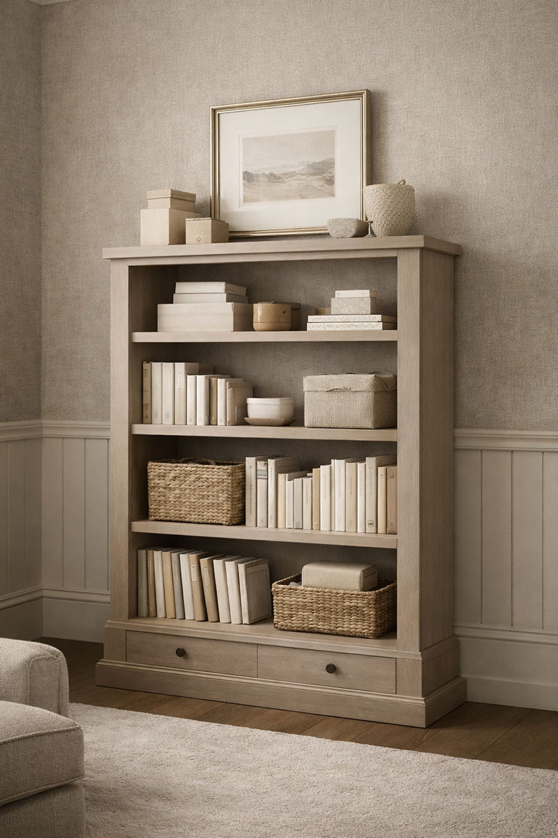 Anchored nursery bookshelf with light decor, low baskets, and organized baby books in a neutral nursery