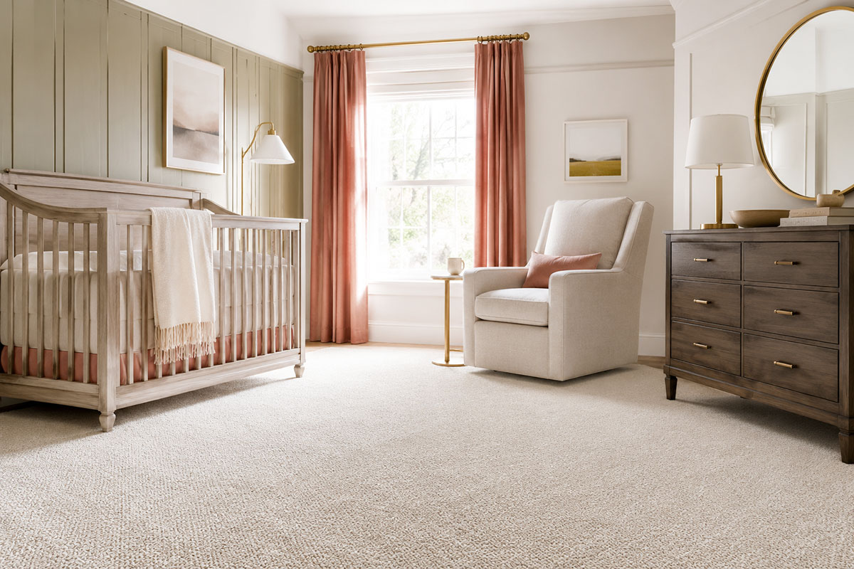 Realistic nursery with low-pile wall-to-wall carpet, a wood crib and clearly visible cushioned flooring