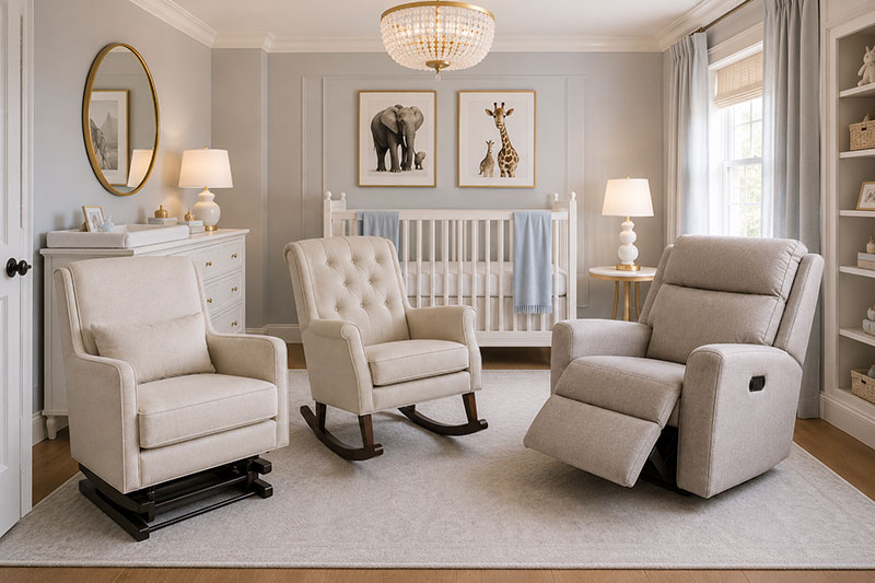 High end nursery with recliner glider and rocking chair comparison